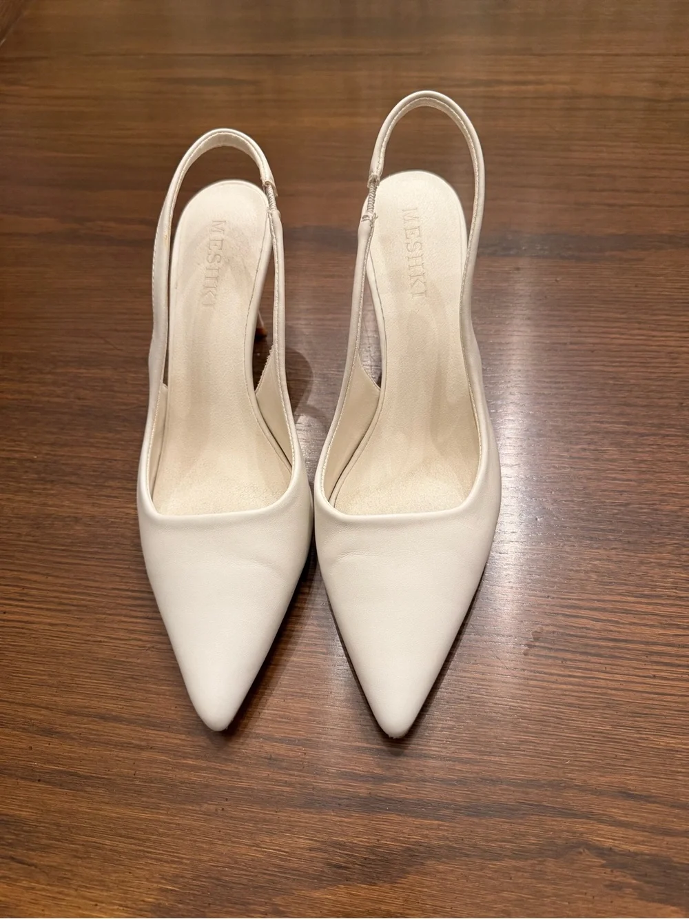 Meshki Cream Slingback Pointed-Toe Mid Heels